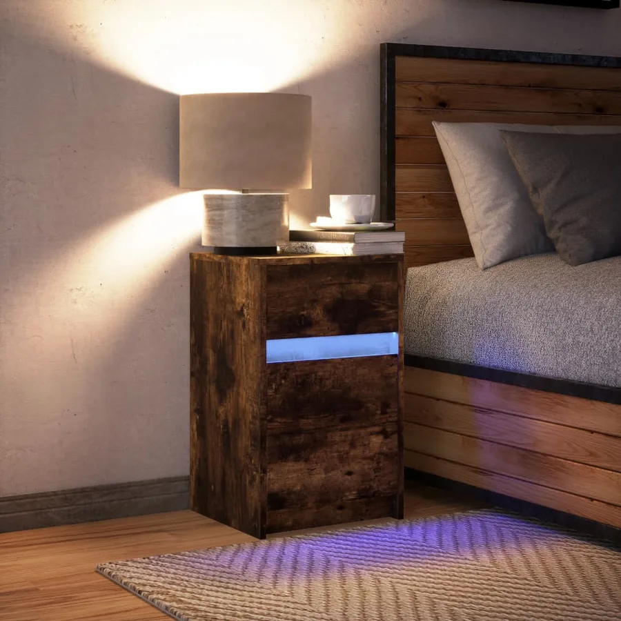 Armoire de chevet et lumières LED chêne fumé bois d'ingénierie - 5