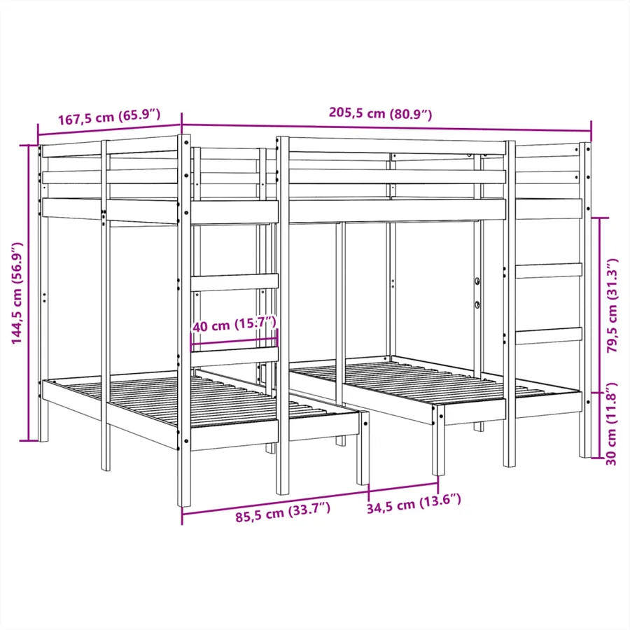 Lit superposé triple blanc 160x200/80x160 cm bois de pin massif - 10