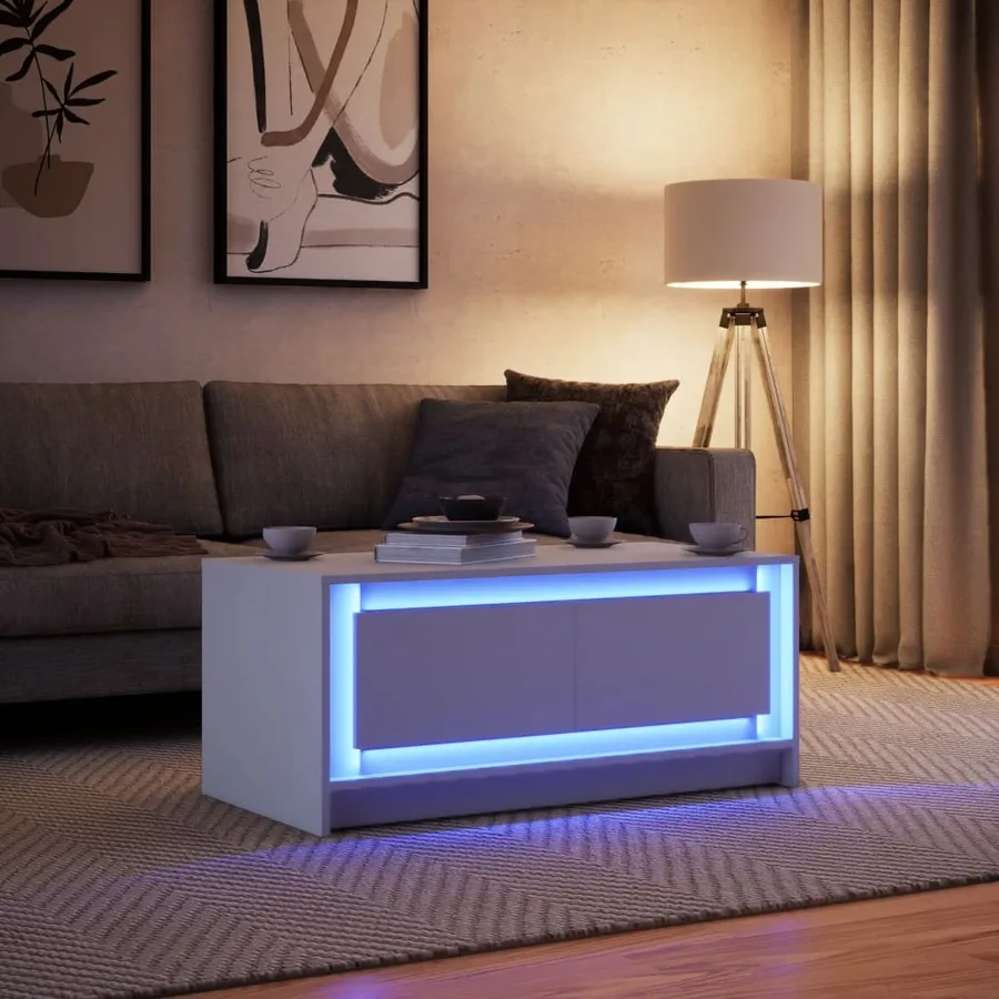 Table basse avec lumières LED blanc bois d'ingénierie - 4