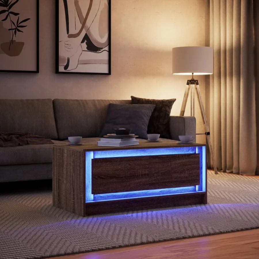 Table basse avec lumières LED chêne marron bois d'ingénierie - 4