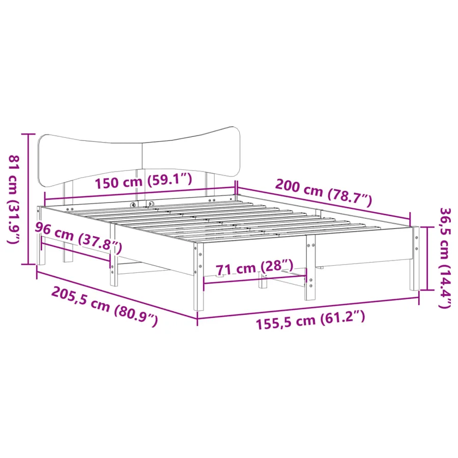 Cadre de lit sans matelas blanc 150x200 cm bois de pin massif - 11