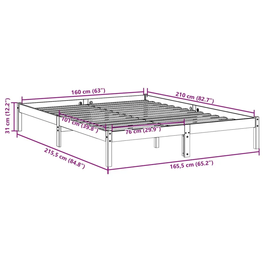 Cadre de lit extra long sans matelas 160x210 cm bois massif pin - 9