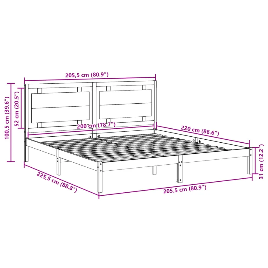 Cadre de lit extra long sans matelas 200x220 cm bois massif - 9