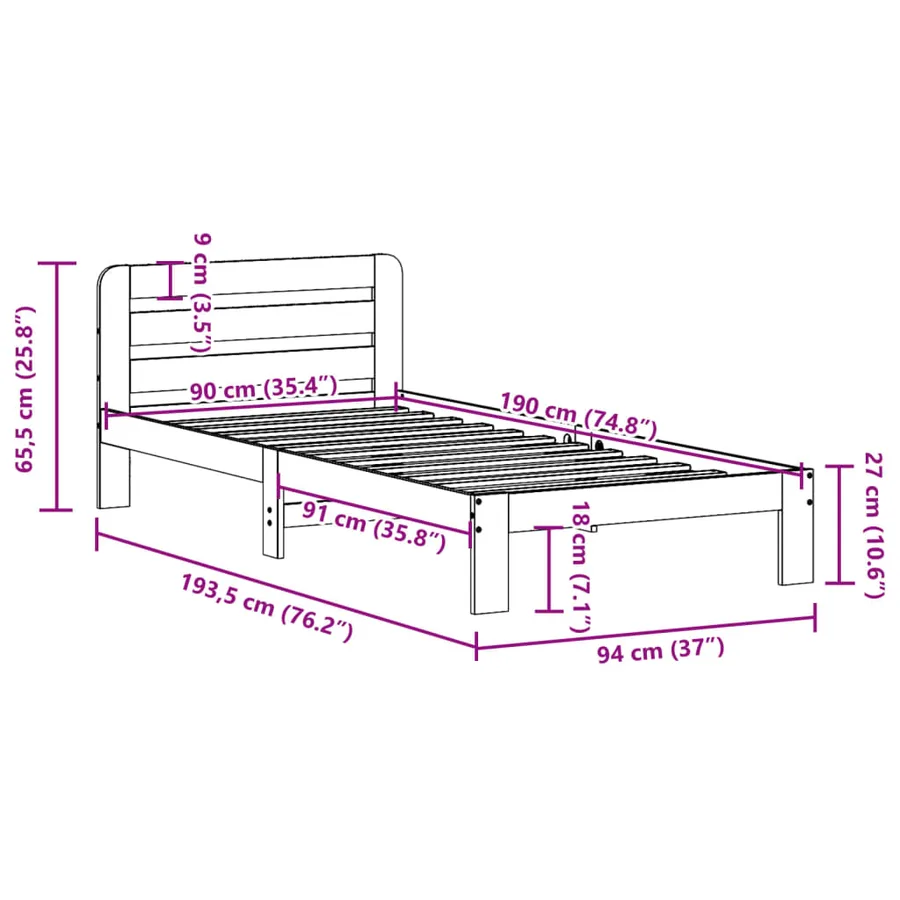 Cadre de lit sans matelas cire marron 90x190 cm bois pin massif - 9