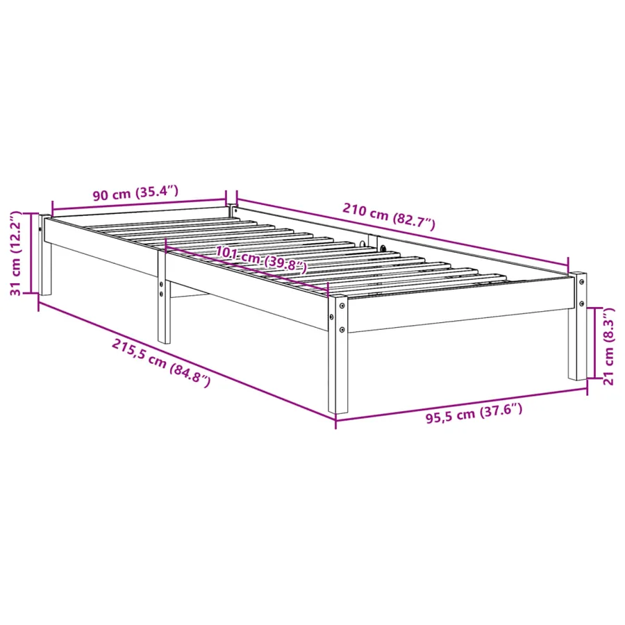 Cadre de lit extra long sans matelas 90x210 cm bois massif pin - 9