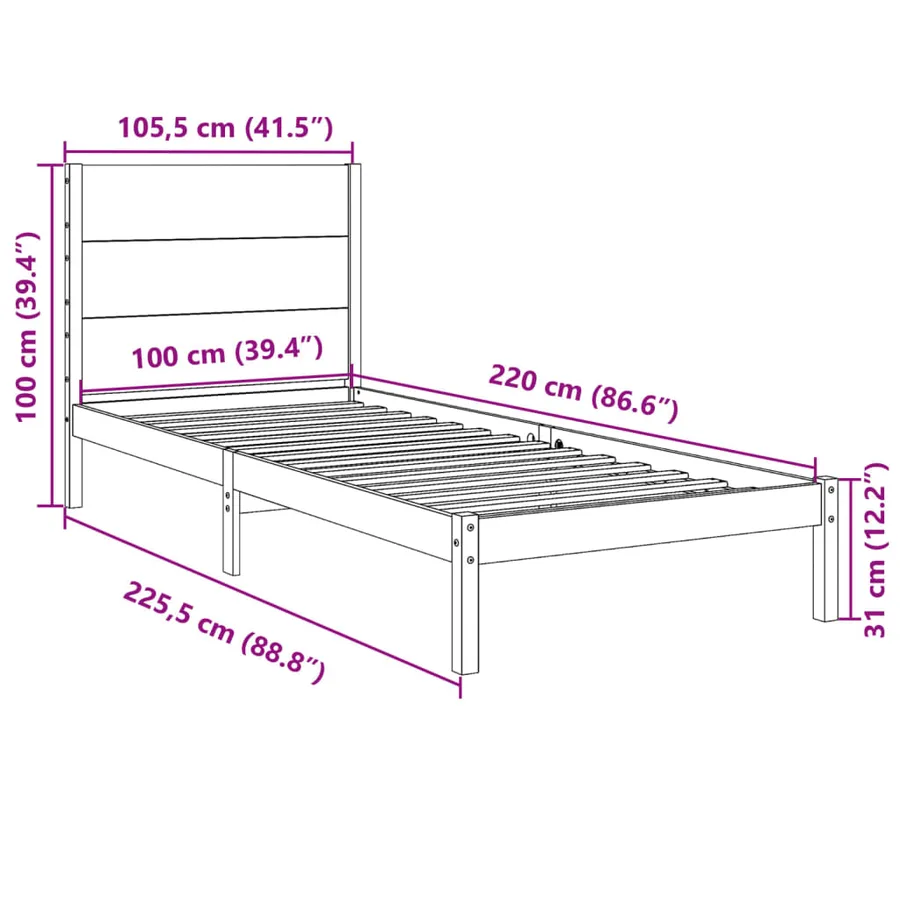 Cadre de lit extra long sans matelas 100x220 cm bois massif - 9
