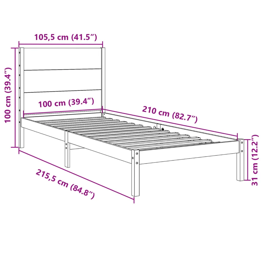 Cadre de lit extra long sans matelas 100x210 cm bois massif - 9