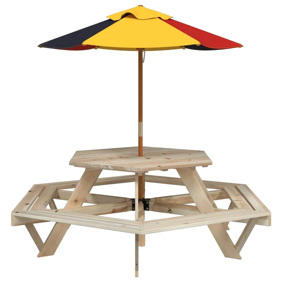 Table de pique-nique pour 6 enfants avec parasol hexagone sapin - 2