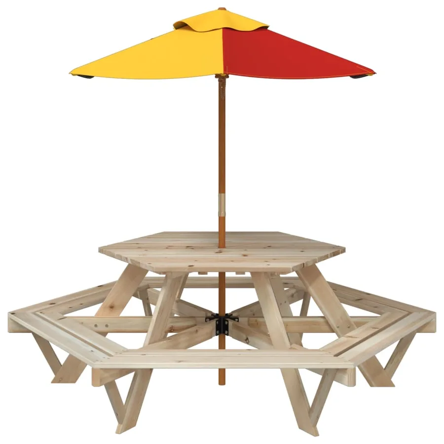Table de pique-nique pour 6 enfants avec parasol hexagone sapin - 3