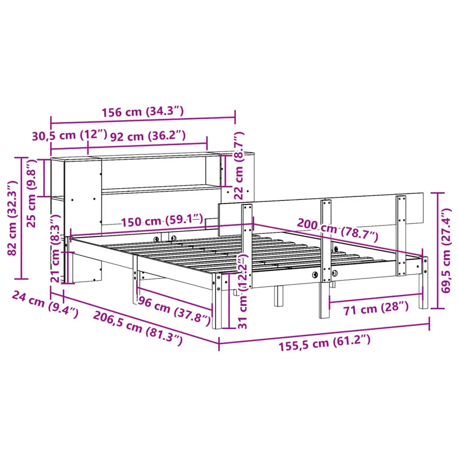Lit bibliothèque sans matelas 150x200 cm bois massif de pin - 11
