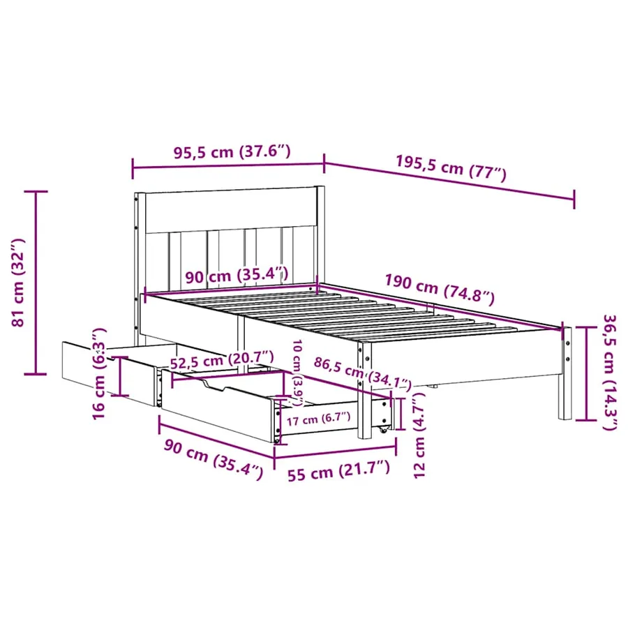 Cadre de lit sans matelas 90x190 cm bois de pin massif - 11