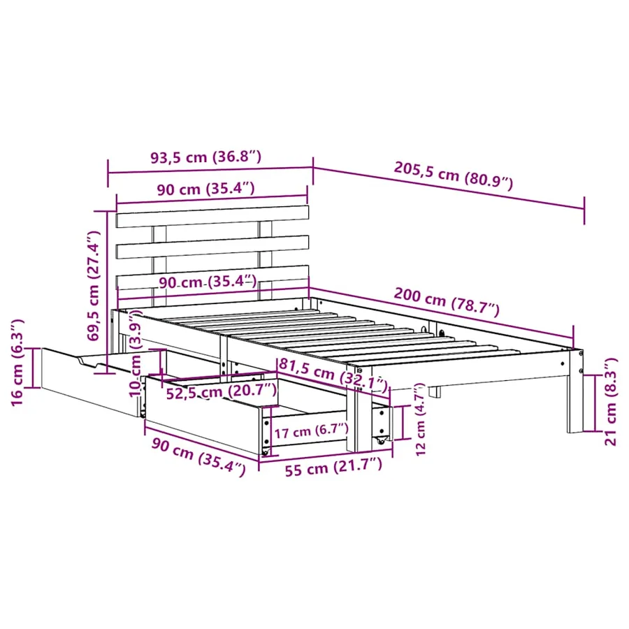 Cadre de lit avec tiroirs sans matelas 90x200 cm - 11