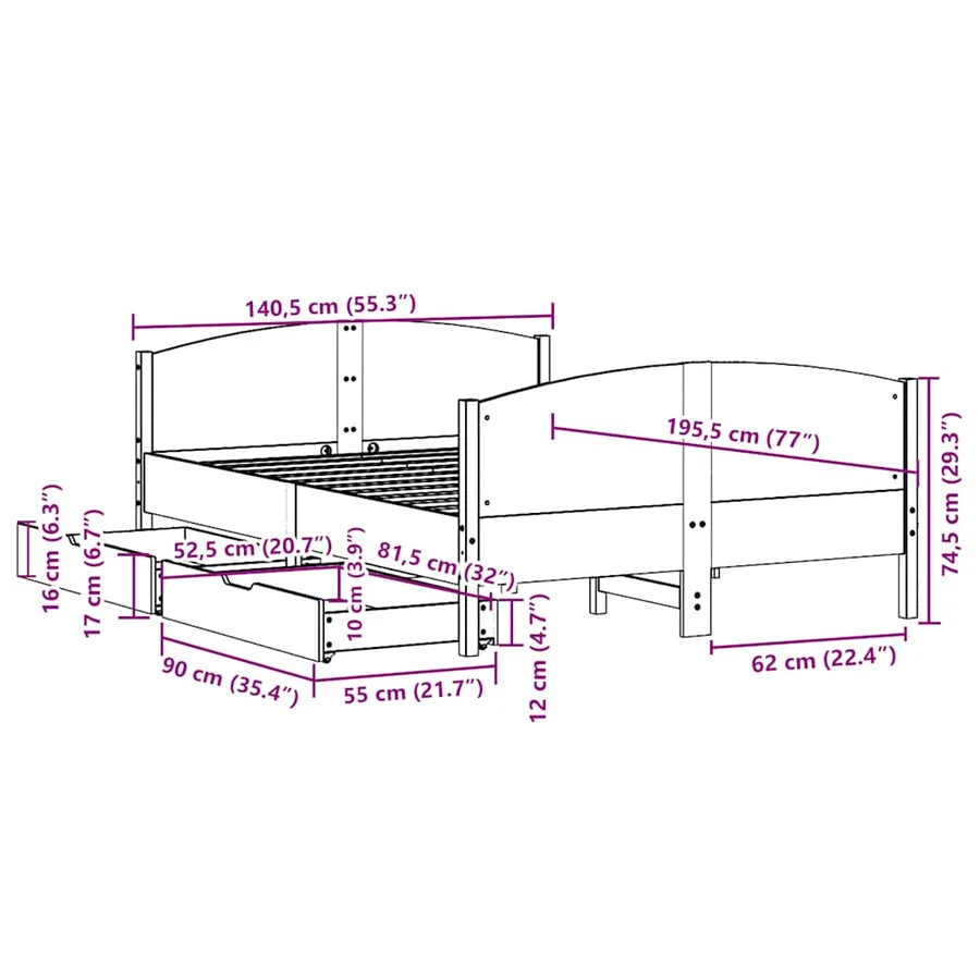 Cadre de lit sans matelas 135x190 cm bois de pin massif - 12