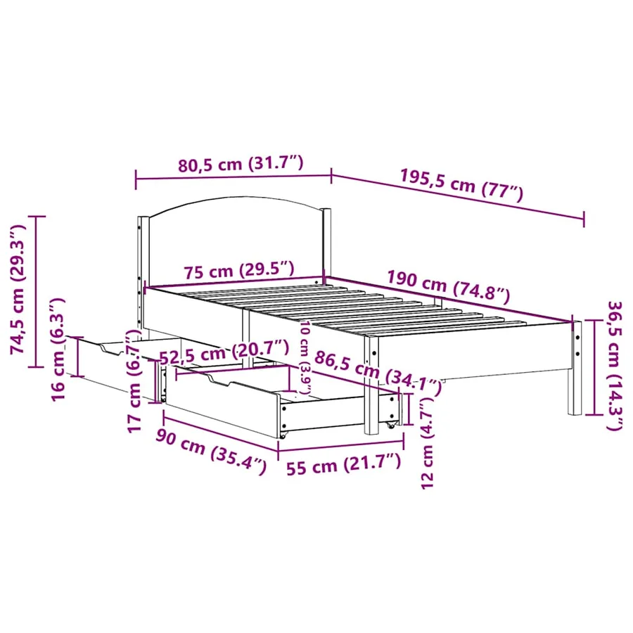 Cadre de lit sans matelas 75x190 cm bois de pin massif - 11
