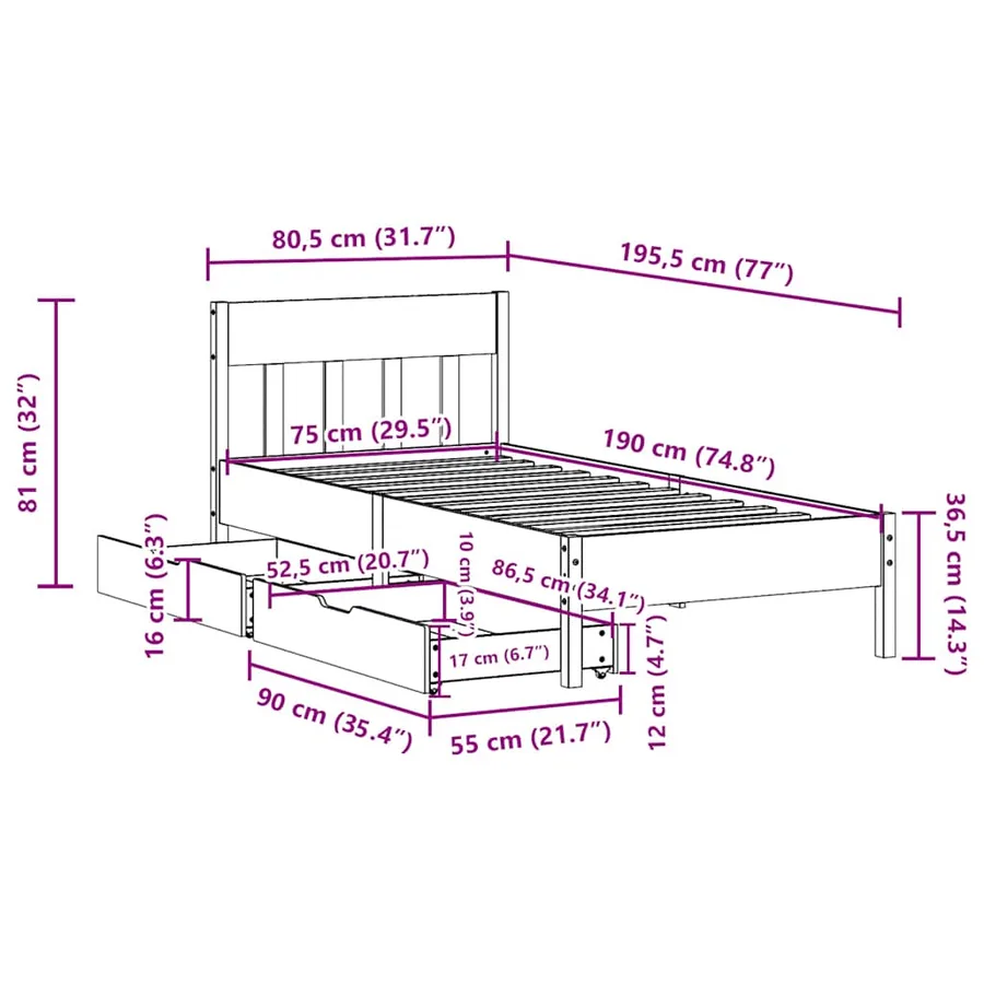 Cadre de lit sans matelas blanc 75x190 cm bois de pin massif - 11