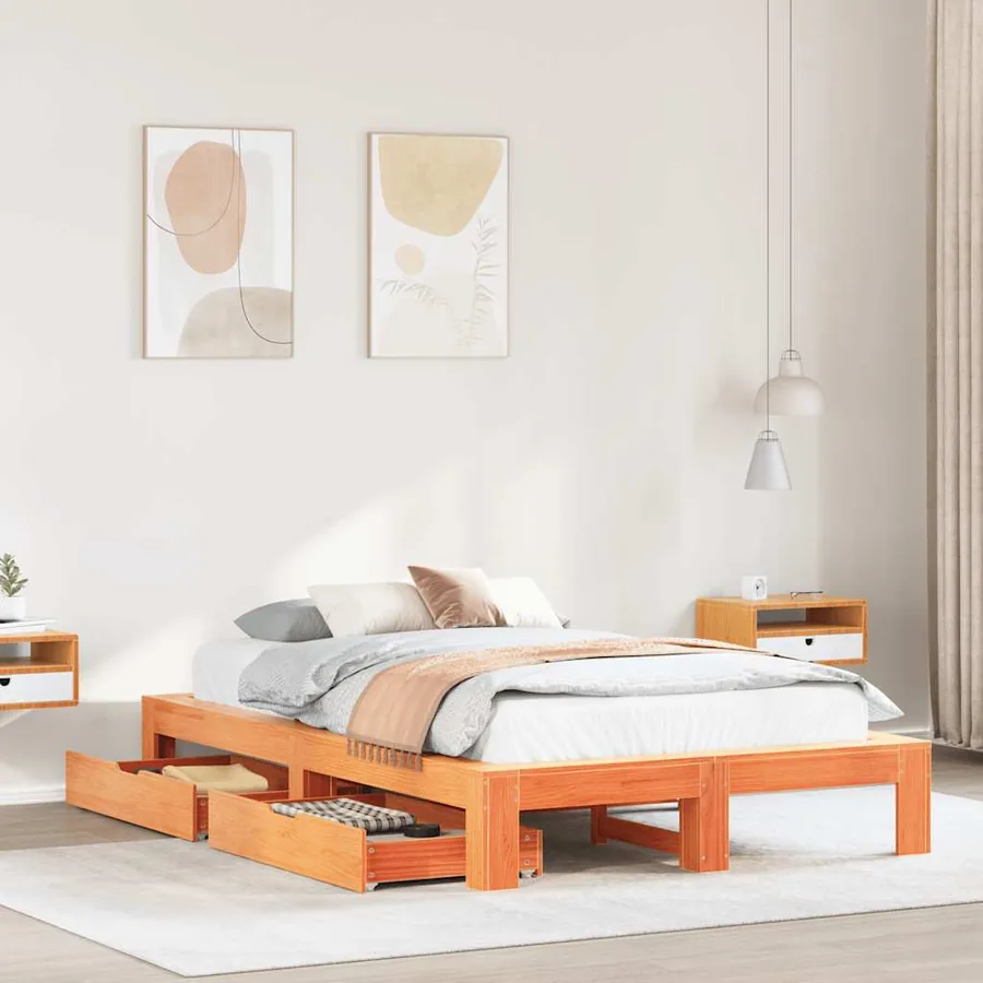 Cadre de lit sans matelas cire marron 135x190cm bois pin massif