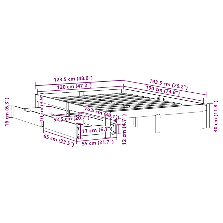 Cadre de lit avec tiroirs sans matelas blanc 120x190 cm - 11
