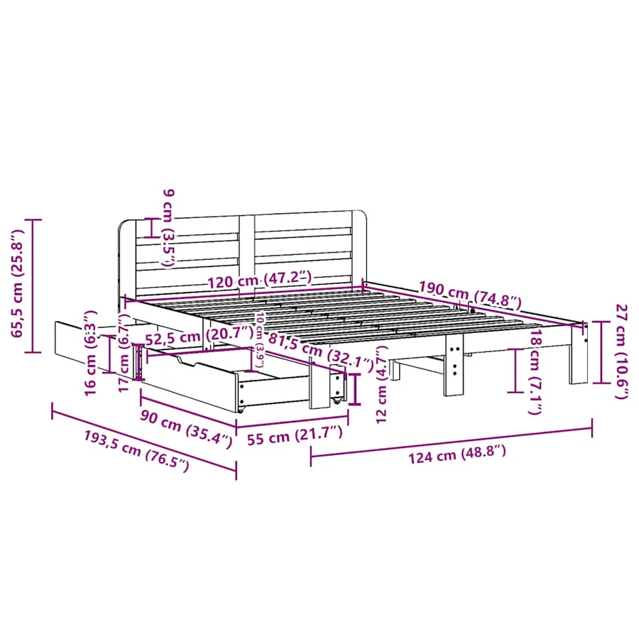 Cadre de lit sans matelas cire marron 120x190cm bois pin massif - 11