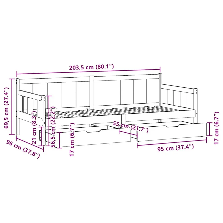 Lit de jour avec tiroirs sans matelas 90x200 cm bois massif - 12