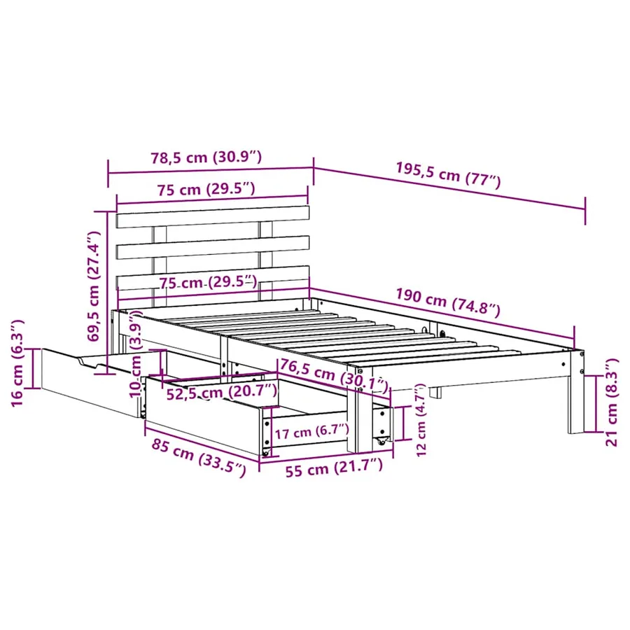 Cadre de lit avec tiroirs sans matelas 75x190 cm - 11