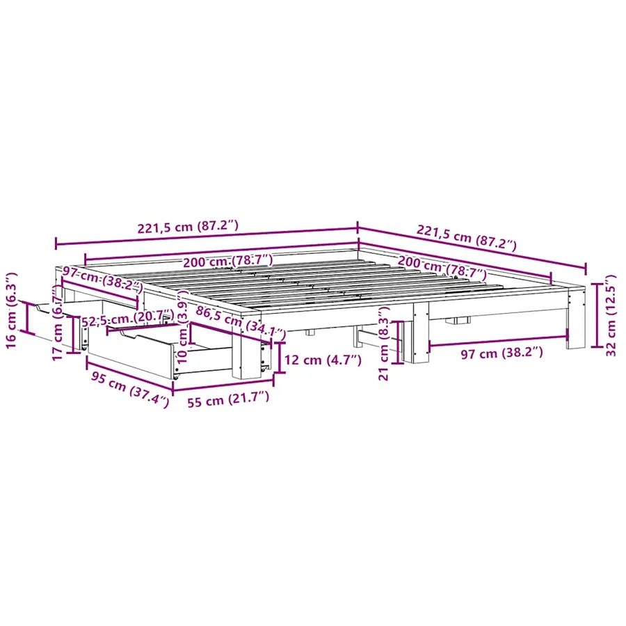 Cadre de lit sans matelas blanc 200x200 cm bois massif de pin - 12