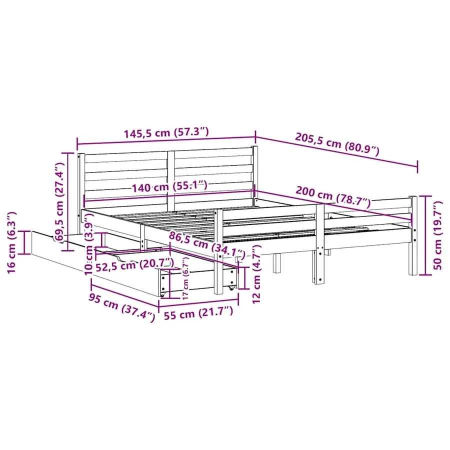 Cadre de lit sans matelas 140x200 cm bois massif de pin - 11