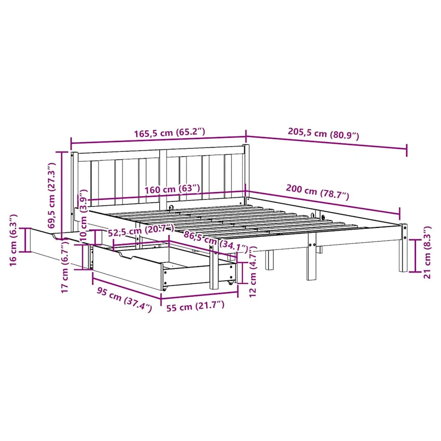 Cadre de lit sans matelas 160x200 cm bois massif de pin - 11