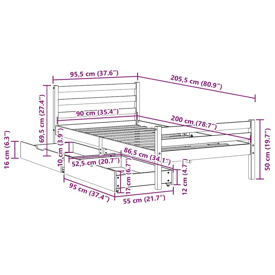 Cadre de lit sans matelas 90x200 cm bois de pin massif - 11