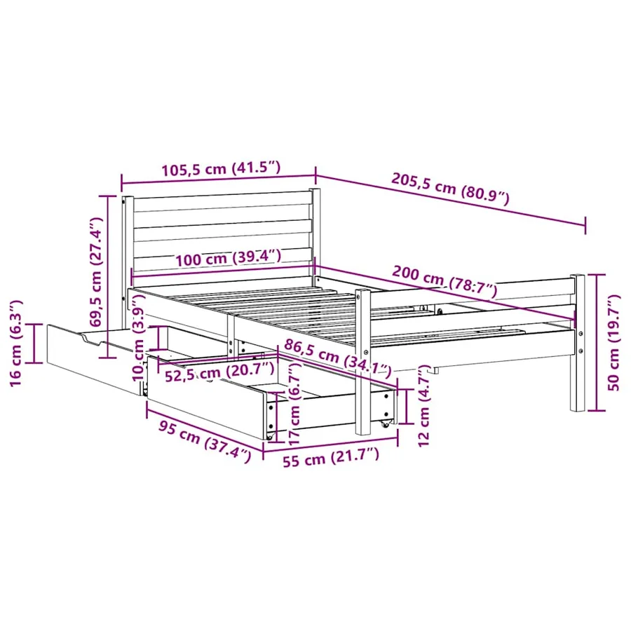 Cadre de lit sans matelas 100x200 cm bois massif de pin - 11