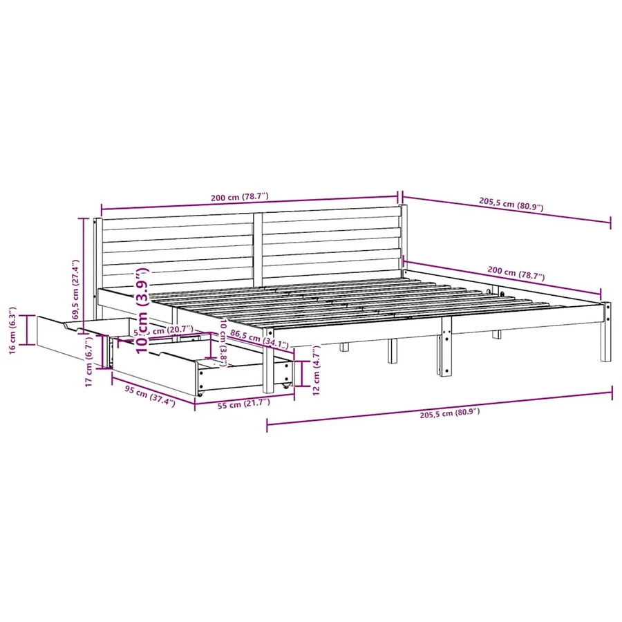 Cadre de lit sans matelas blanc 200x200 cm bois massif de pin - 12