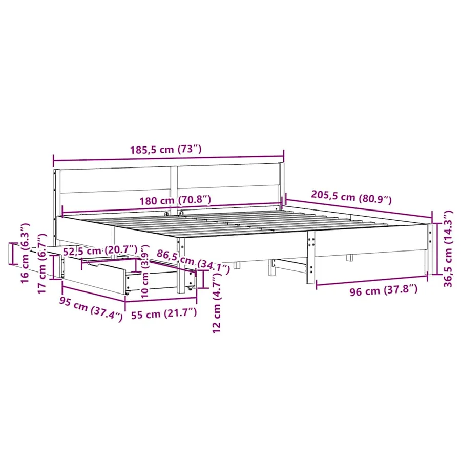 Cadre de lit sans matelas blanc 180x200 cm bois massif de pin - 12