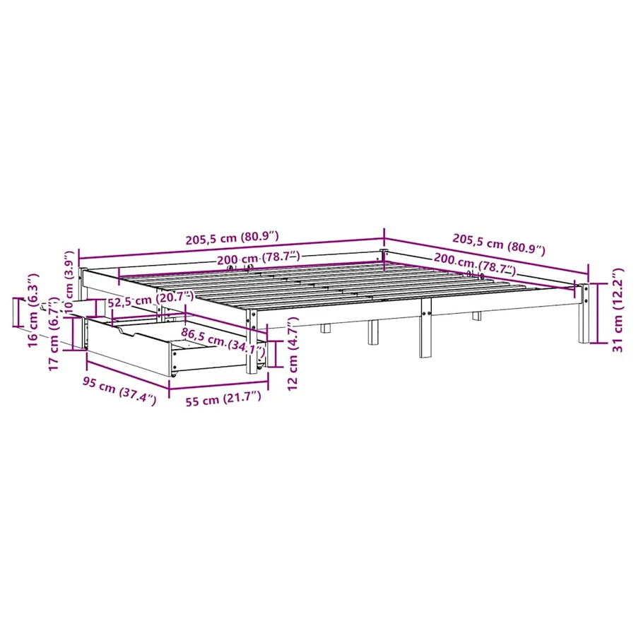 Cadre de lit sans matelas blanc 200x200 cm bois massif de pin - 10