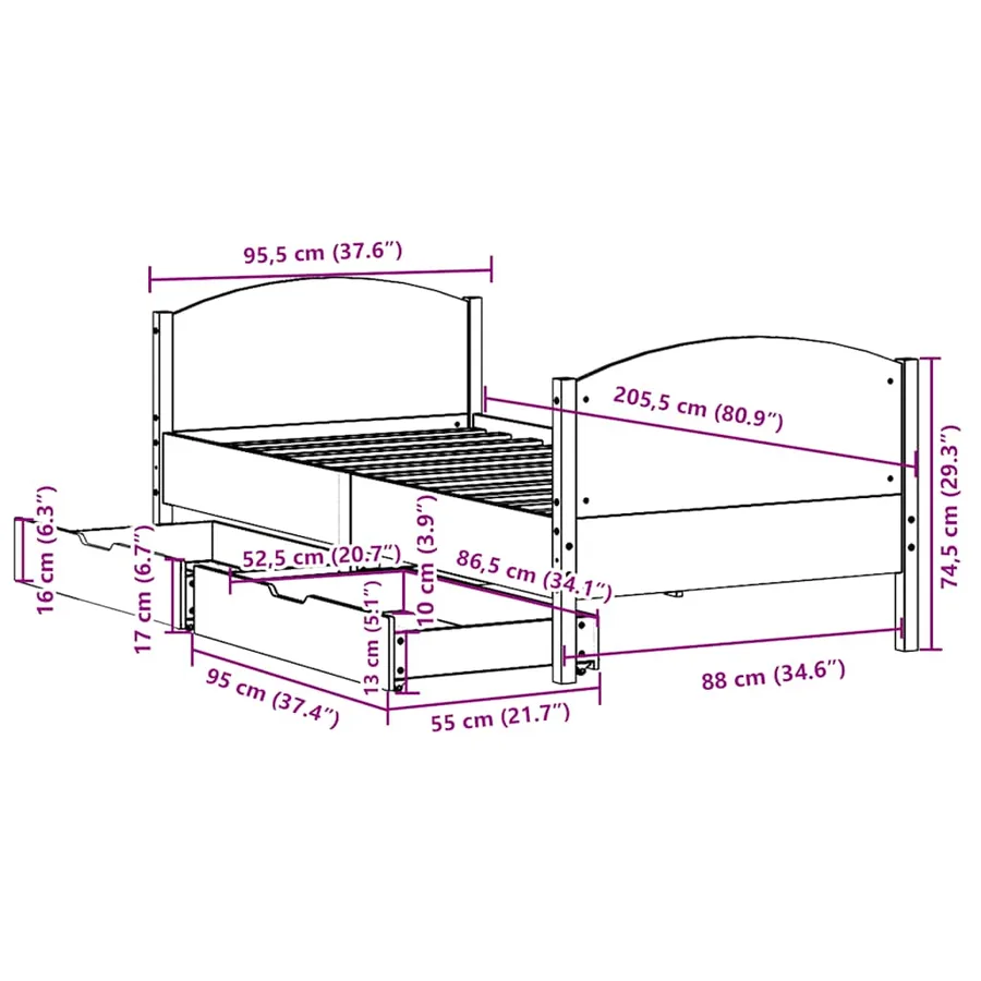 Cadre de lit sans matelas blanc 90x200 cm bois de pin massif - 12
