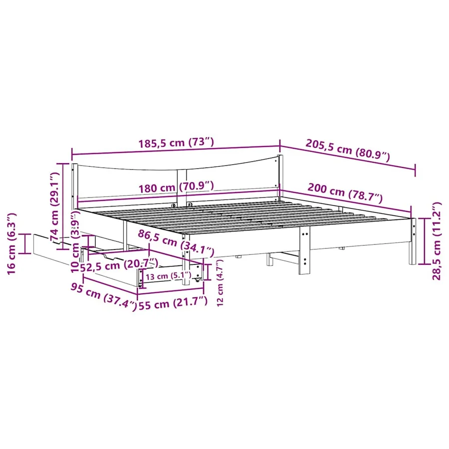 Cadre de lit avec tiroirs cire marron 180x200cm bois pin massif - 11