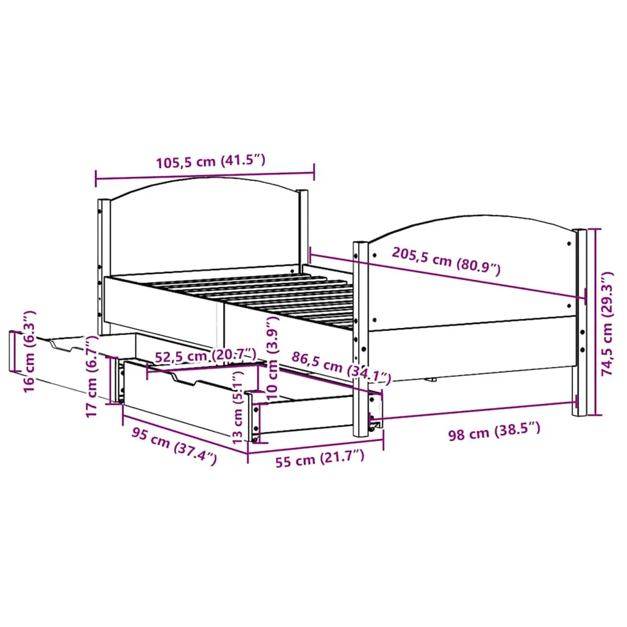 Cadre de lit sans matelas cire marron 100x200cm bois pin massif - 12