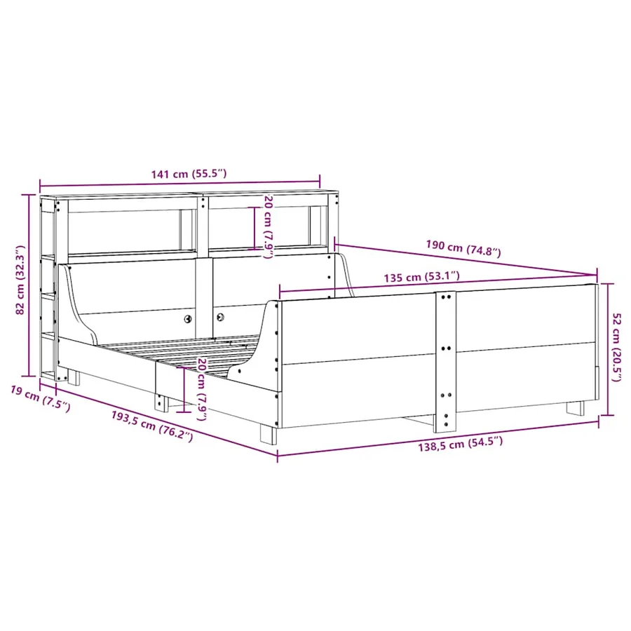 Cadre de lit sans matelas cire marron 135x190cm bois pin massif - 12