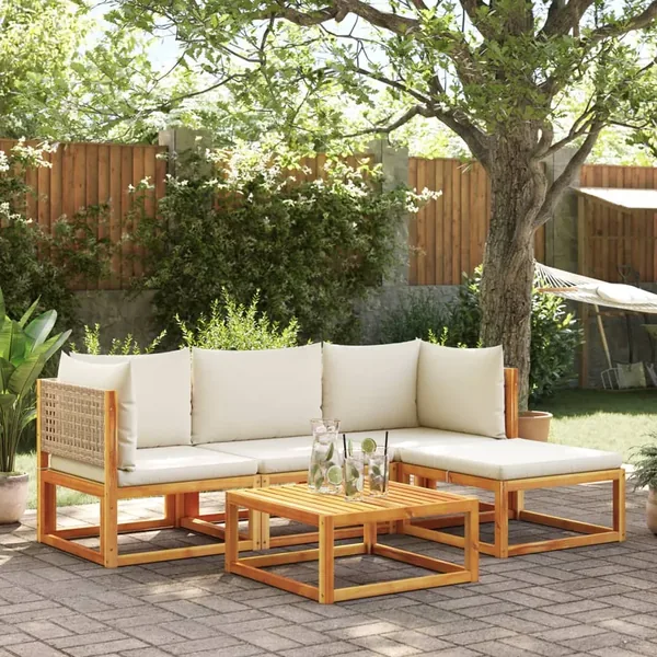 Ensemble de canapés de jardin 5 pièces avec coussins en bois d'acacia et rotin