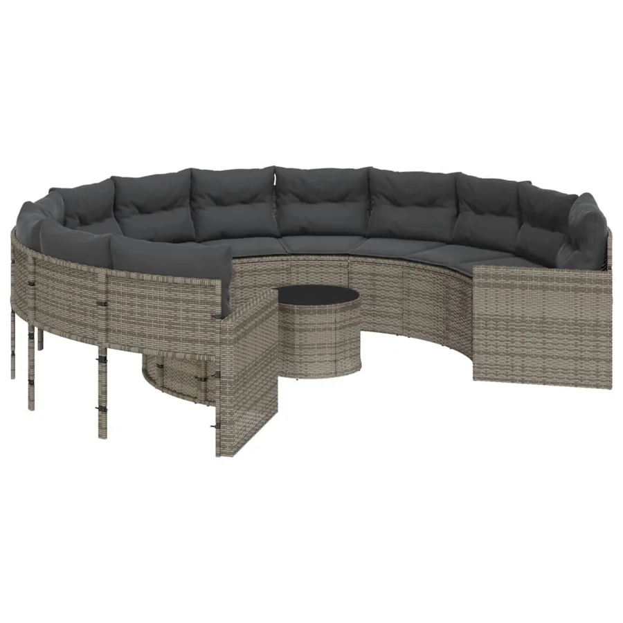 Canapé de jardin avec table coussins rond gris résine tressée - 2