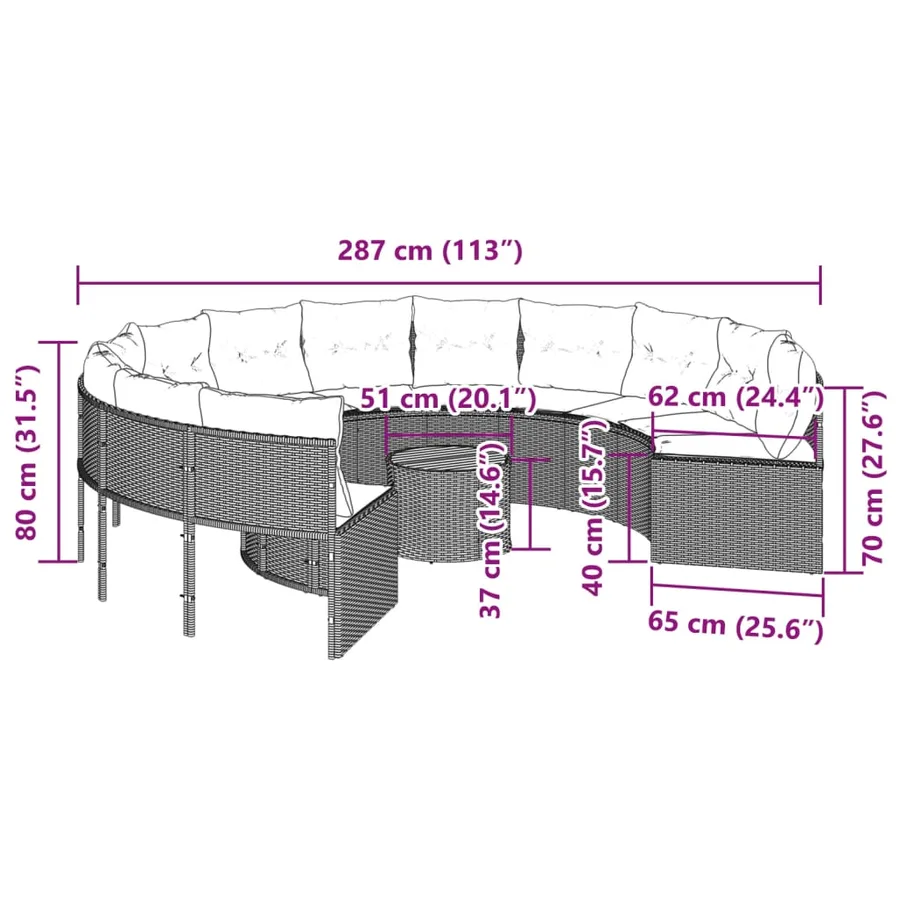 Canapé de jardin avec table coussins rond noir résine tressée - 12