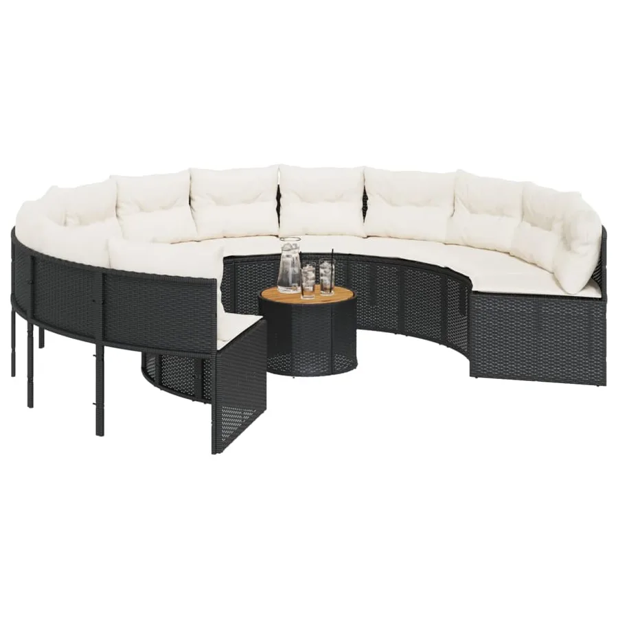 Canapé de jardin avec table coussins rond noir résine tressée - 3