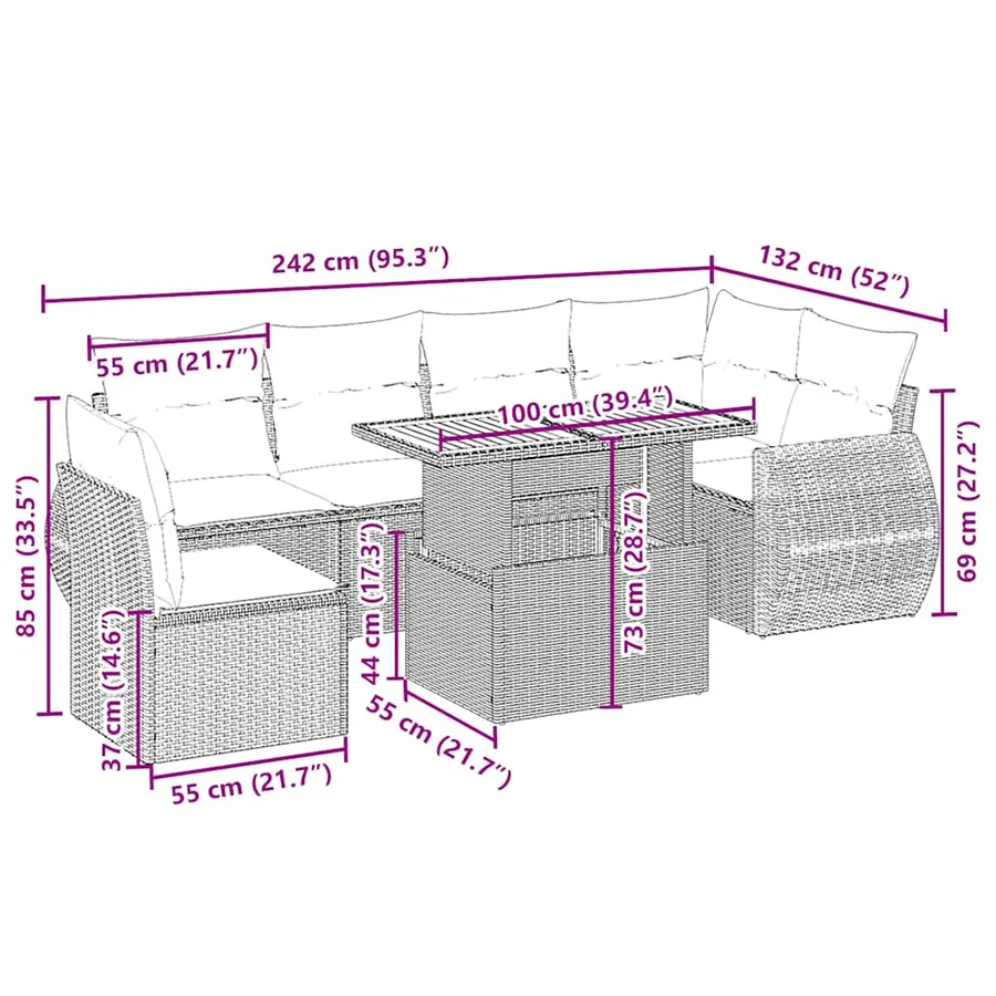 Salon de jardin avec coussins 7 pcs beige résine tressée - 3