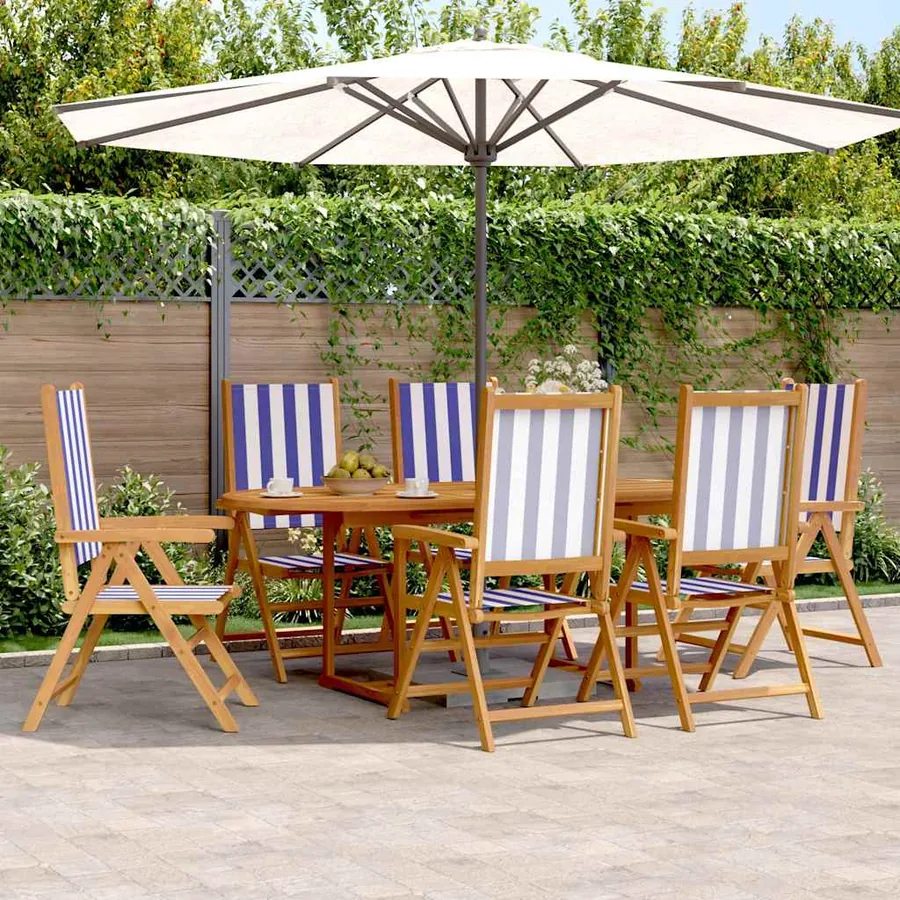 Ensemble à manger de jardin 7 pcs bleu blanc tissu bois massif