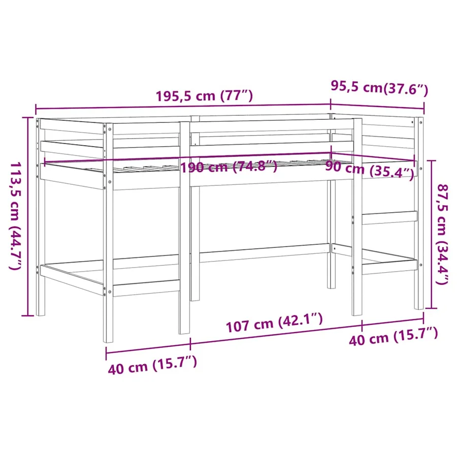 Lit mezzanine d'enfants sans matelas avec échelle 90x190 cm - 9