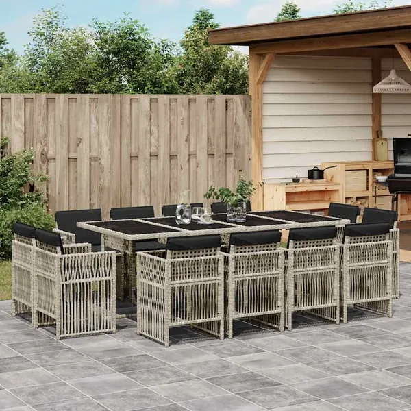 Ensemble à manger de jardin et coussins 13 pcs gris clair rotin
