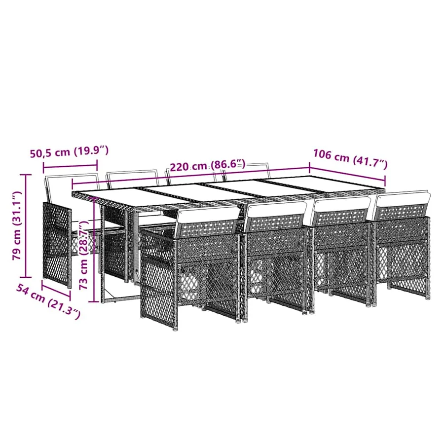 Ensemble à manger de jardin et coussins 9 pcs gris clair rotin - 9