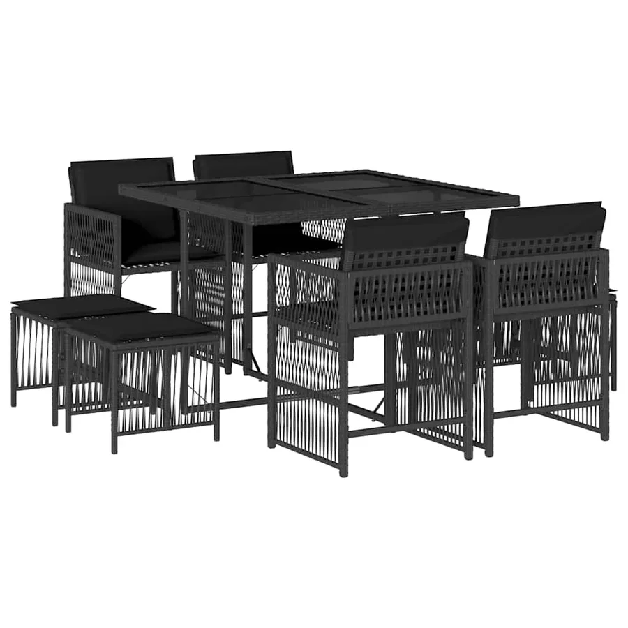 Ensemble à manger de jardin 9pcs coussins noir résine tressée - 2