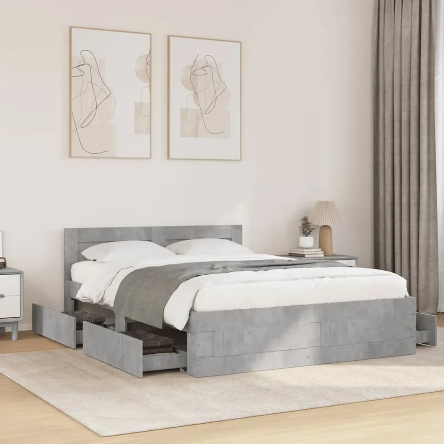Cadre de lit et tête de lit sans matelas gris béton 120x200 cm