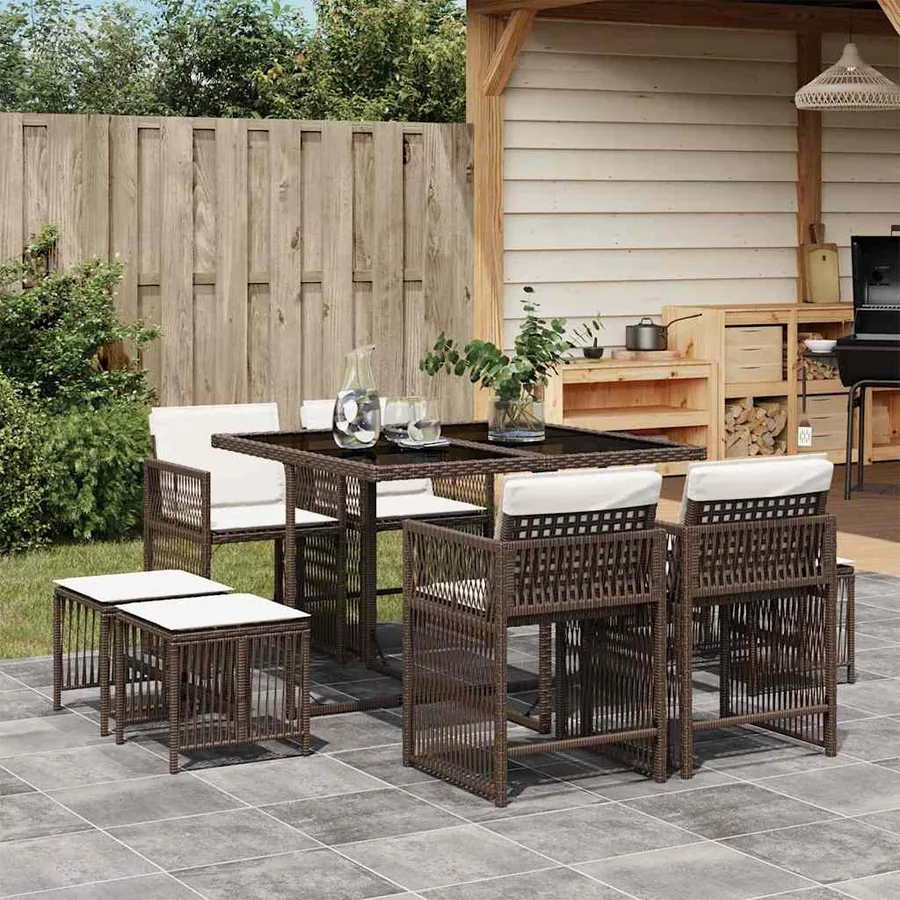 Ensemble à manger de jardin et coussins 9 pcs marron poly rotin