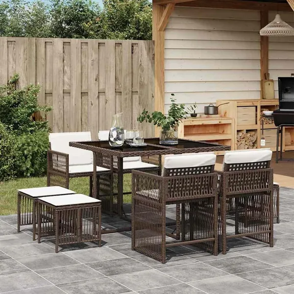 Ensemble à manger de jardin et coussins 9 pcs marron poly rotin