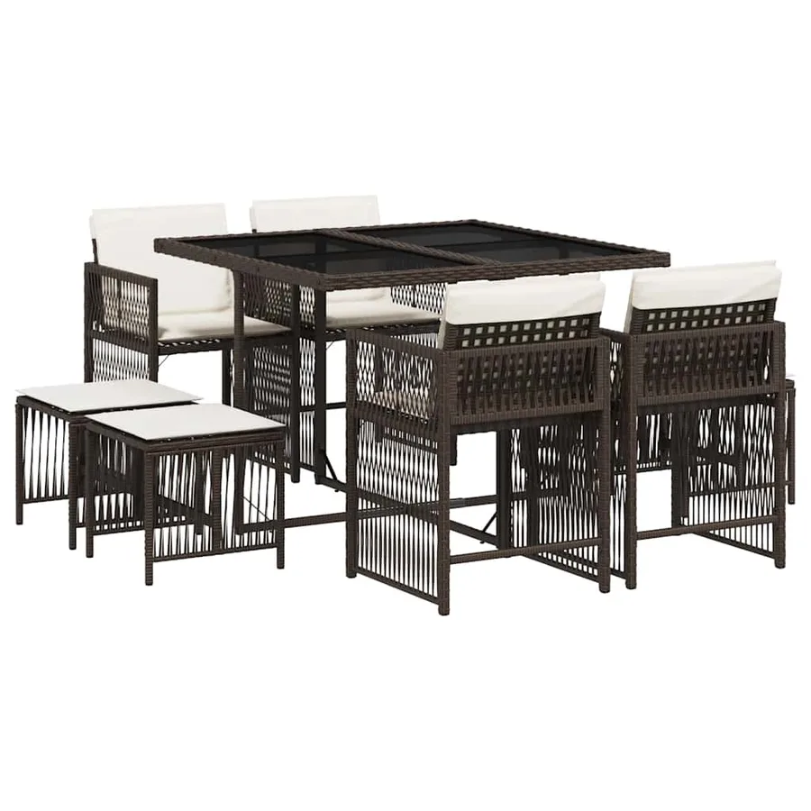 Ensemble à manger de jardin et coussins 9 pcs marron poly rotin - 2
